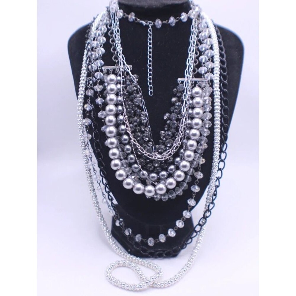 Lot of modern Necklaces silver tone and black faux pearls and glass beads